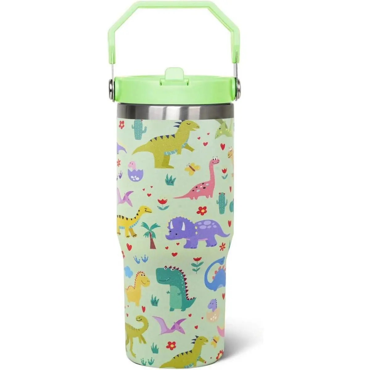 30oz Insulated Dinosaur Animal Tumbler Mug - Classic Portable Transparent Kitchenware Flask with Handle, Lid, Straw, Ideal Gift for Mom, Sister, Daughter, Teenage Girls for Birthday, Coffee/Tea Travel Use