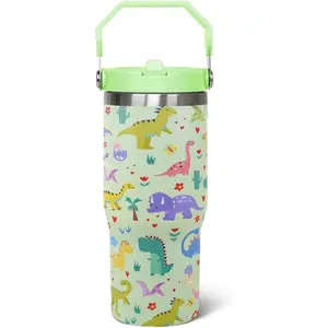 30oz Insulated Dinosaur Tumbler Mug - Classic Stylish Portable Transparent Kitchenware Flask with Handle, Lid, Straw, Birthday Gift for Coffee, Tea, Beverage Travel Use