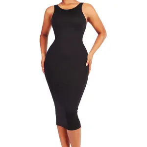 Soo Slick Shapewear Midi Dress with Reversible Neckline | Tummy Control Waist-Snatching Sexy Bodycon Dress | Round Neck & Crewneck | Removable Padding