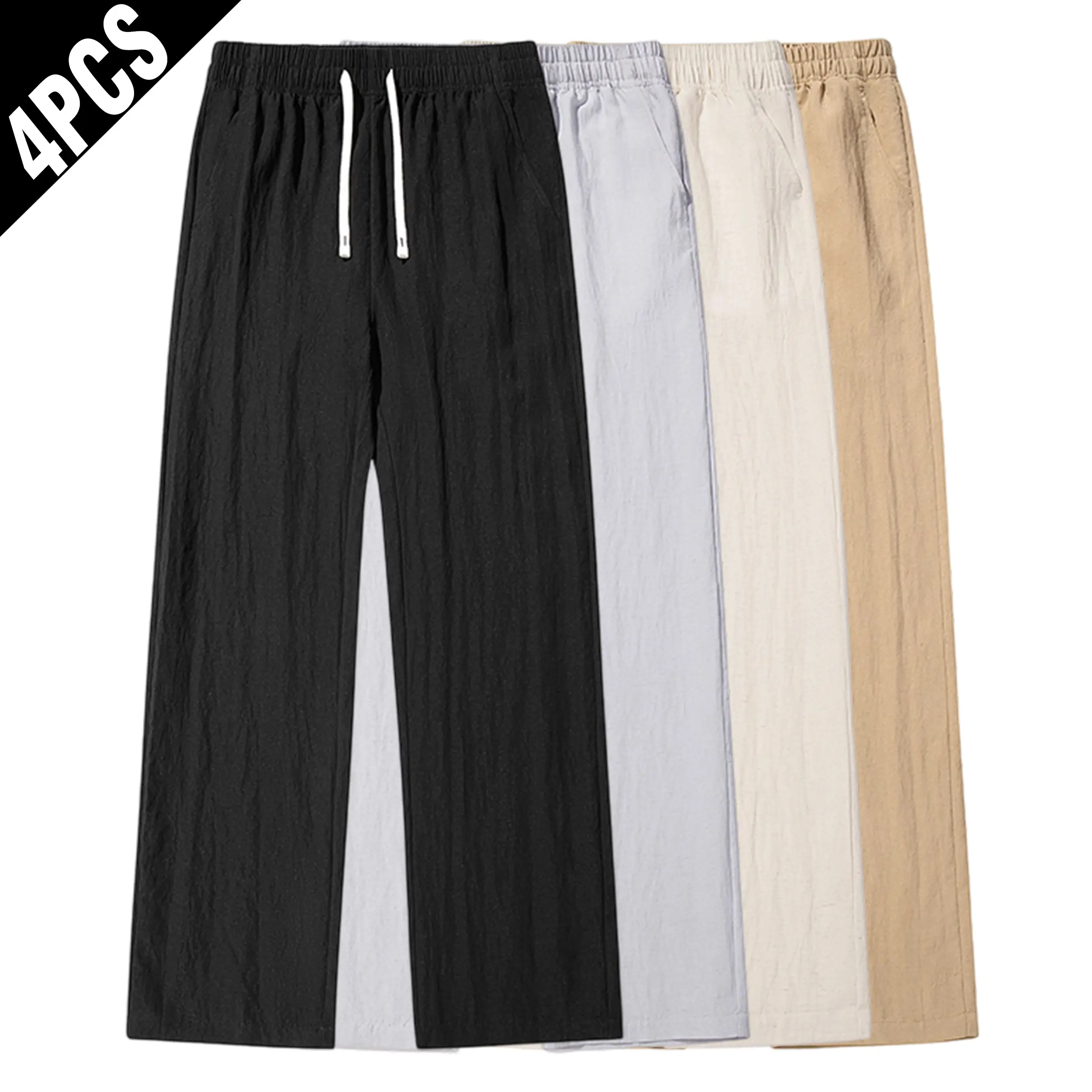 Men's Plain Wrinkle-Textured Linen-Look Pants, 4 Pack in a Loose, Wide-Leg Fit with an Elastic Drawstring Waist for Casual Summer Wear, Menswear, Loose Fit