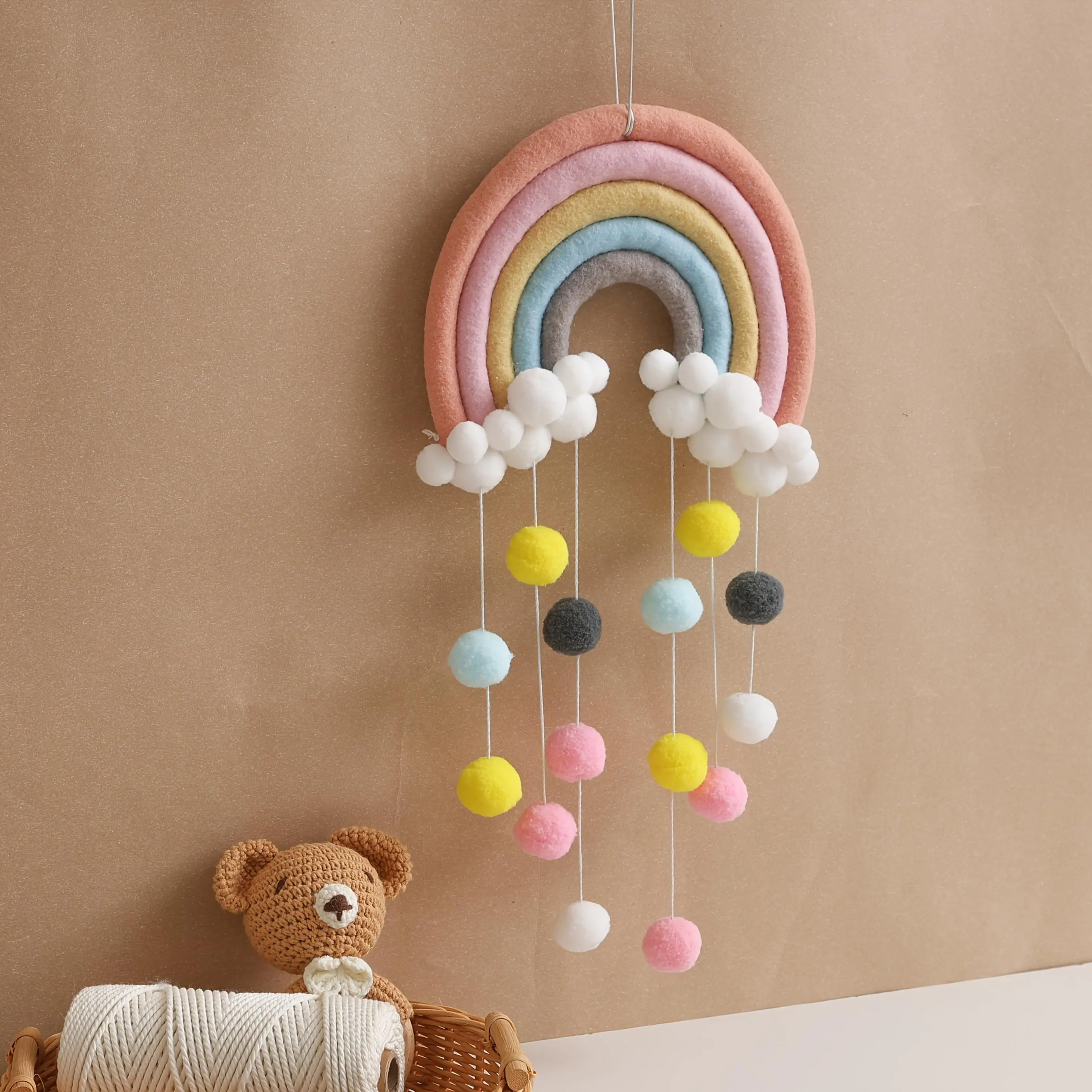 Nordic Style Rainbow Pom-Pom Cloud-Inspired Hangable Ornaments, Modern Crafted Home Decor Accessory for Indoor Use, Hanging Decoration, Rainbow Ball, Room Inspo