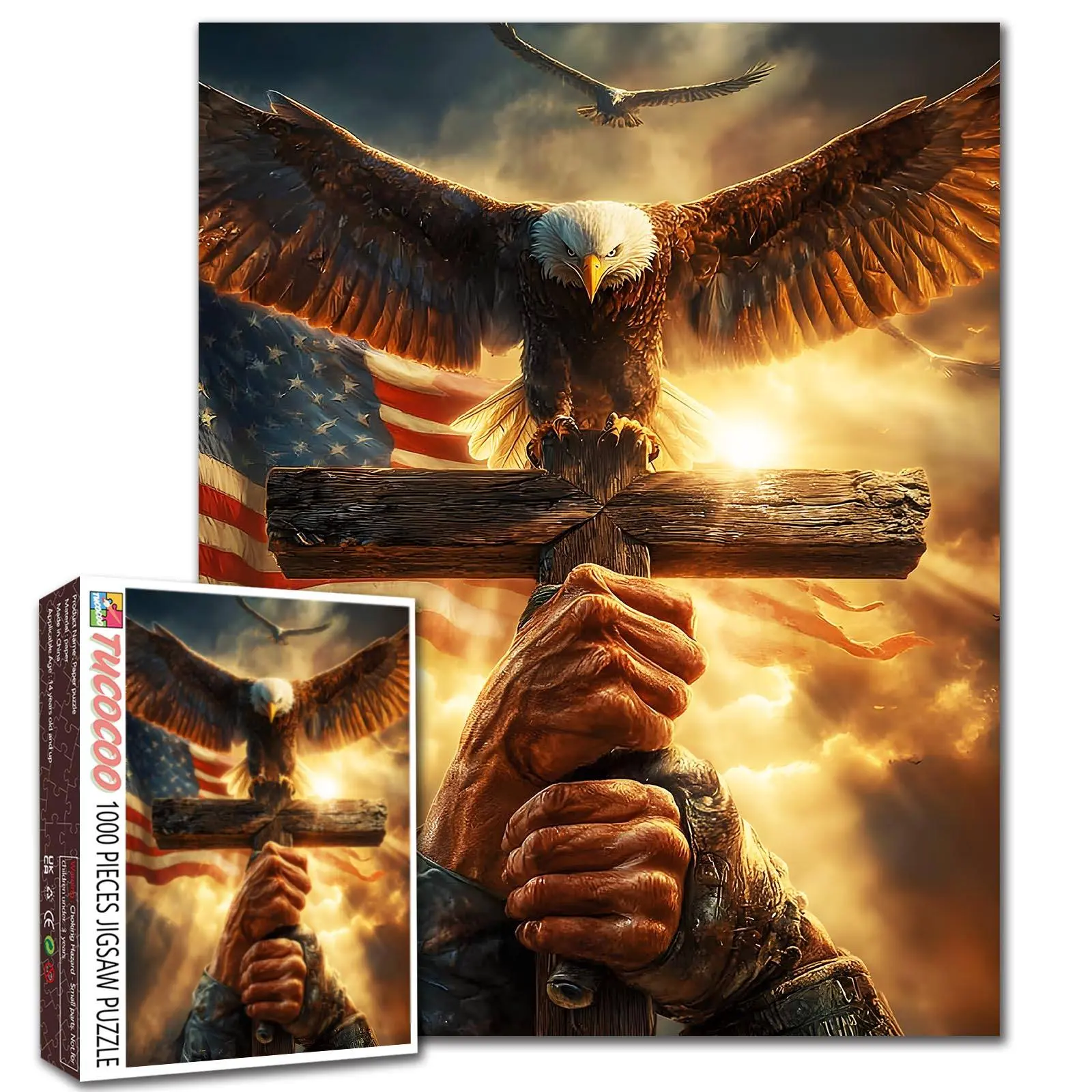 Tucocoo Patriotic Eagle Cross Independence Day 1000 Pieces Jigsaw Puzzle Bald Eagle Wings Over Wooden Cross American Flag Sky Dramatic Light Relaxing Family Game Stress Relief Brain Challenge Wall Decor Gift for Adults Seniors 27.5x20inch(70x50cm)