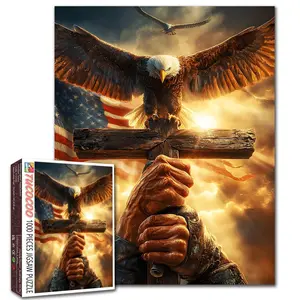 Tucocoo Patriotic Eagle Cross Scene 1000 Pieces Jigsaw Puzzle, bald eagle wings spread over wooden cross with American flag sky, dramatic light, relaxing family game, stress relief, brain challenge, wall decor, gift for adults seniors 27.5x20inch 70x50cm