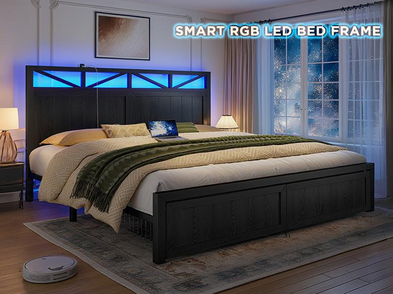 Raybee LED Bed Frame with Charging Station & 2 Drawers, No Mattress, Farm Style Full Queen King Size Bedframe with Headboard & 2 Wooden Drawers, Noise Free, Holds 900lbs, No Box Spring Needed