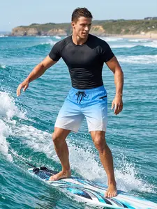 Men's Summer Casual Sport Surfing Beach Clothing Set, Round Neck Short Sleeve Rash Guard Quick-Dry Breathable Tight Fit Tee T-Shirt + Zipper Side Pocket Beach Shorts Board Shorts Swim Trunks, Quick Dry Sportswear