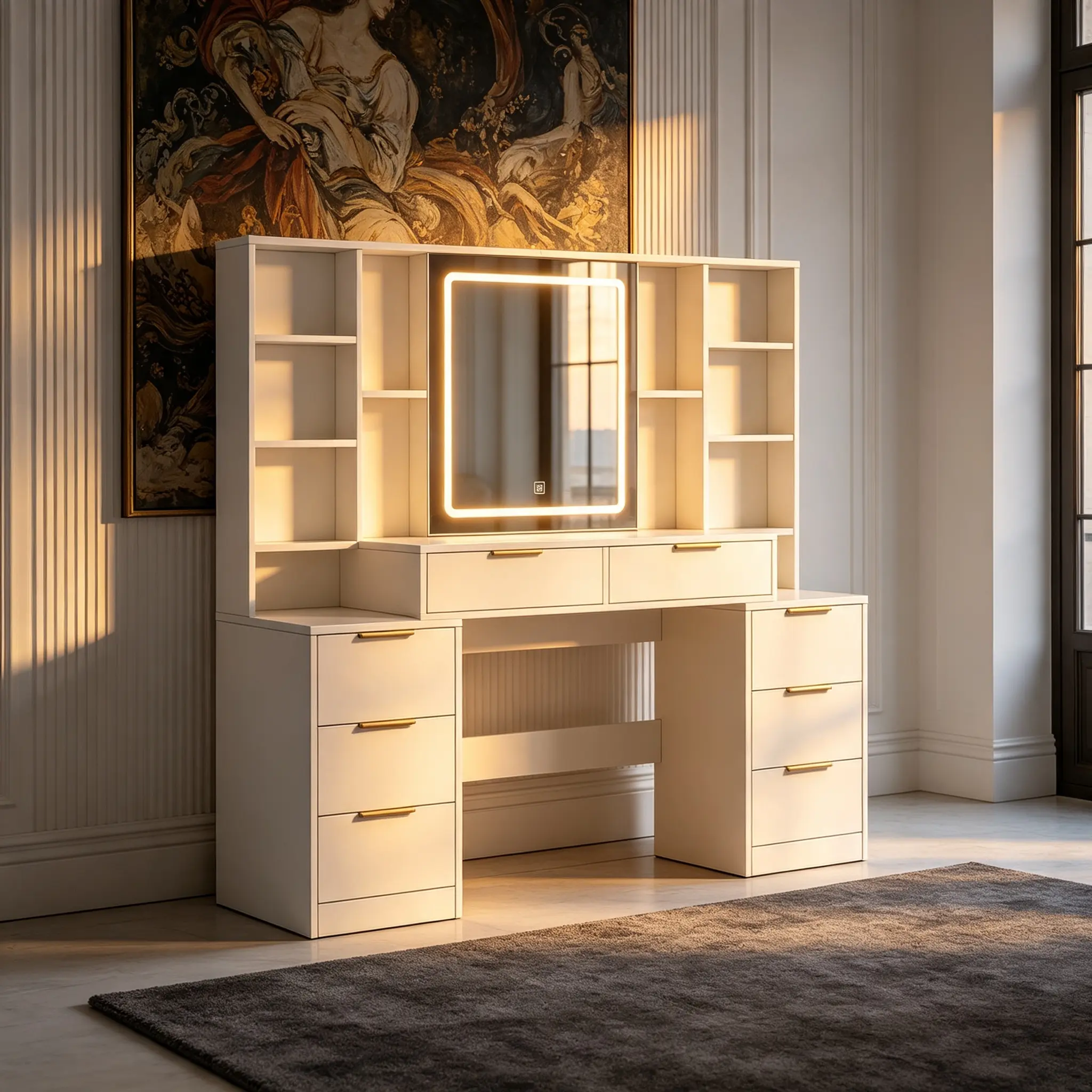 59" Large Vanity Desk with LED Mirror & 3 Color Lights, 8 Drawers & Open Shelves, Makeup Dressing Table for Bedroom