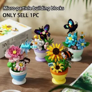 Plant Potted Design Building Toy, 1 Box Simulation Flower Building Blocks Toy, Home Decoration Ornament, Creative Birthday Gifts, Rose Figure