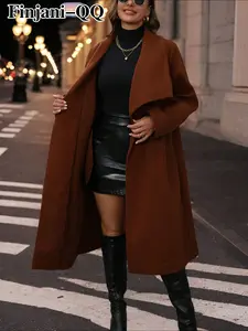 Women's Plus Size Mid-Length Coat, Casual Basic Fitted Long Sleeve Jacket for Fall & Winter, Minimalist Plain Pattern, Comfortable Outerwear, Womenswear