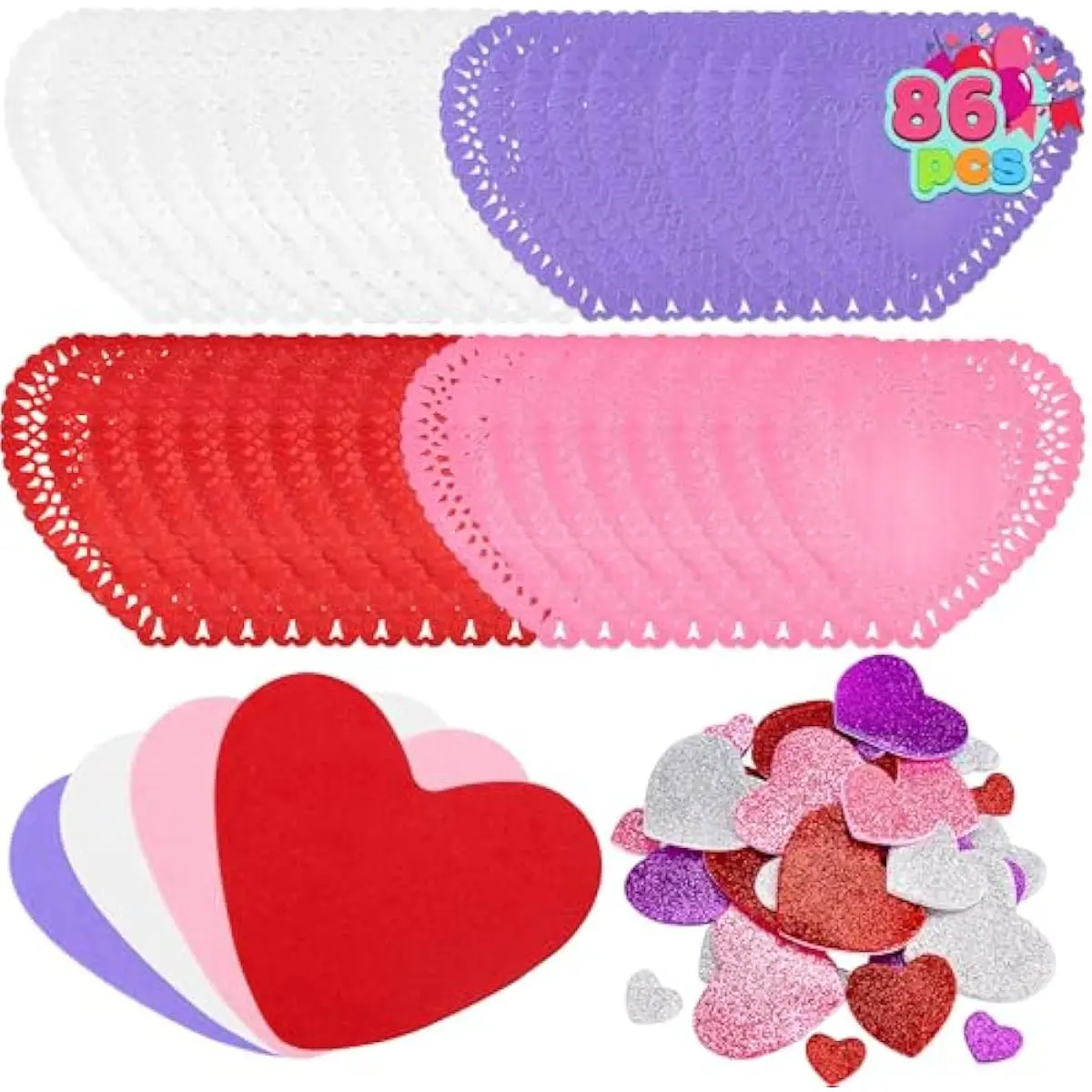 86 Pcs Valentines Day Heart Doilies Craft Gift Set with 50 Pcs Paper Doilies, 12 Foam Craft and 1 Bags of Glitter Foam Heart Stickers for Valentine's Day Party Tableware Decoration