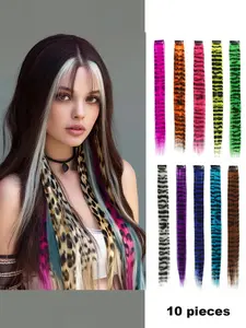 10pcs/pack Scene Hair Extensions Synthetic Clip in Leopard print Hair piece 18inch Long Straight Colorful striped Hairpieces Halloween Party Cosplay Y2K Use for Women Girls