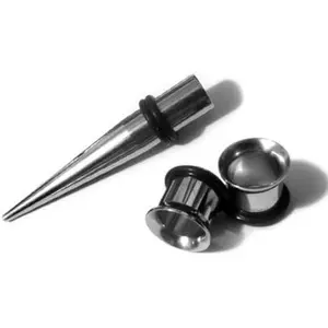 (1 Gauge Taper & Plugs Steel Taper & a Pair Of Stainless Steel Tunnel Plugs