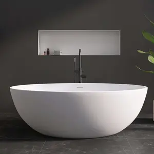 【Medunjess】Stone Resin Freestanding Bathtub, Oval Solid Surface Bathroom Freestanding Tub,Artificial Stone Bathtub