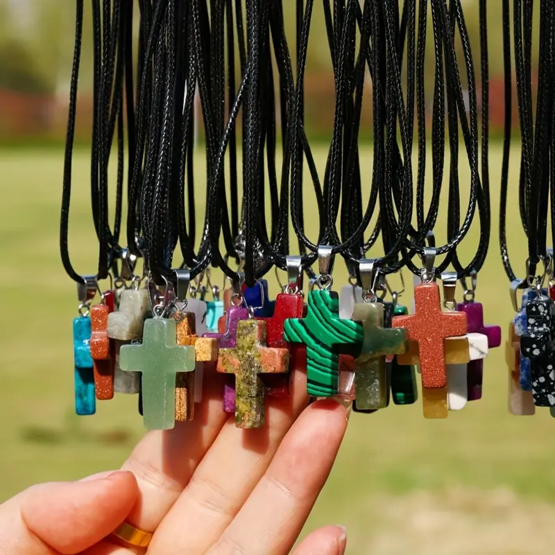 30 Pieces Cross Shape Crystal Charms Pendants Black String Chain Sparkly Easy to Mix Match Ideal for DIY Jewelry Making (30 Charms + 30 Chains)