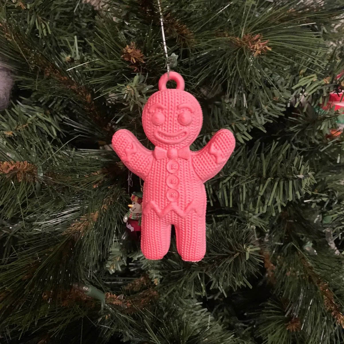 Gingerbread man hanging tree ornament pink and white