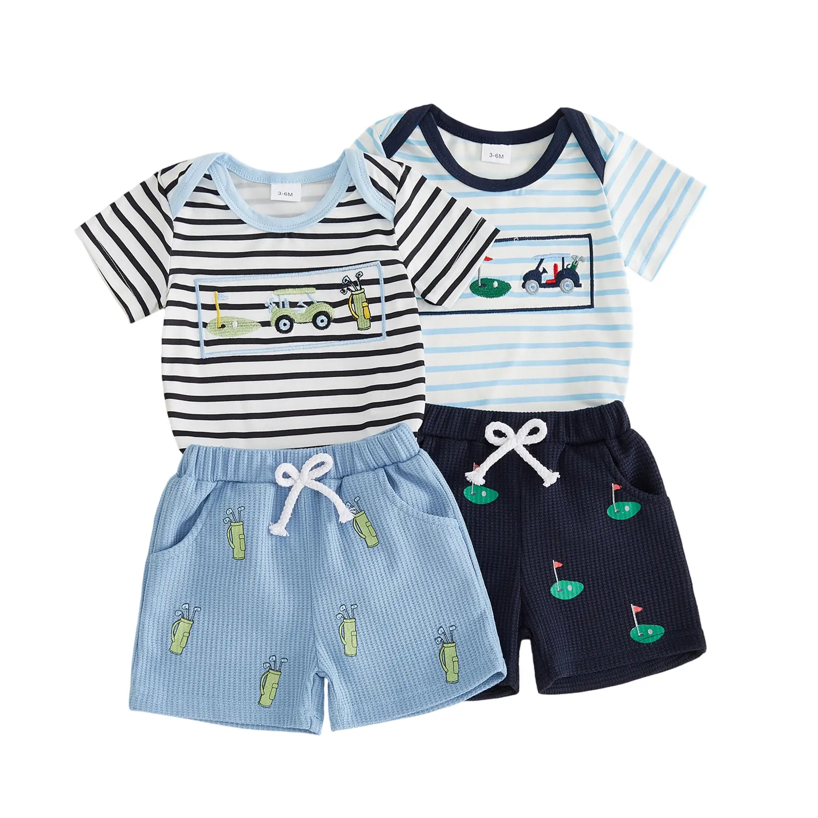 Infant Baby Boys Summer Outfit Short Sleeve Golf Embroidery Striped Romper with Shorts 2Pcs Set 0-18 Months