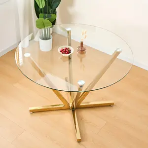 45.27" Round Tempered Glass Dining Table with Golden Metal Legs, Modern Indoor Furniture for Kitchen & Living Room, Easy Assembly