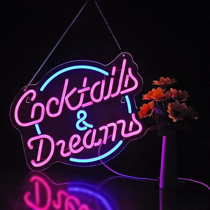Cktails and Dreams Neon Sign - Dimmable LED Sign for Wall Decor, Bedroom, Bar, Party & Club