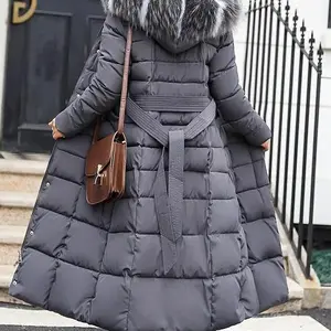 Long Down Cotton Parkas Coat Female New Winter Over Knee Loose Large Fur Collar Hooded Warm Thick Parkas Women Padded Overcoat Womenswear Asian Jackets Tops Beige Minimalist Basic poncho winter clothes women Casual Fashionable Out