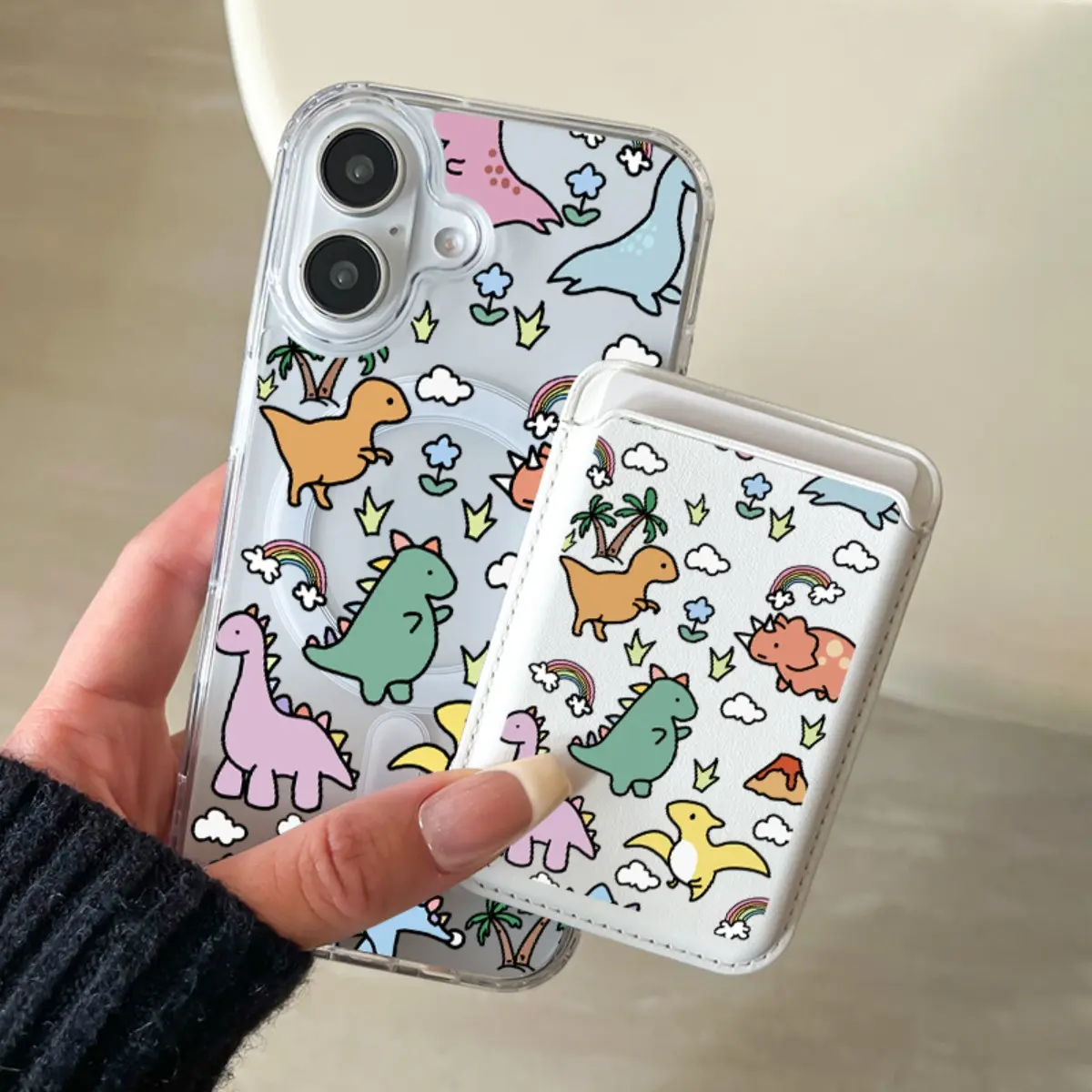 Transparent Shockproof Magnetic Smartphone Case with Faux Leather Card Slots, Cartoon Dinosaur Pattern, Wireless Charging Support, Portable Modern Minimalist Design for iPhone 17 Pro Max,17E,16E,16,15,14,13,12,11 Pro Max,X,XS