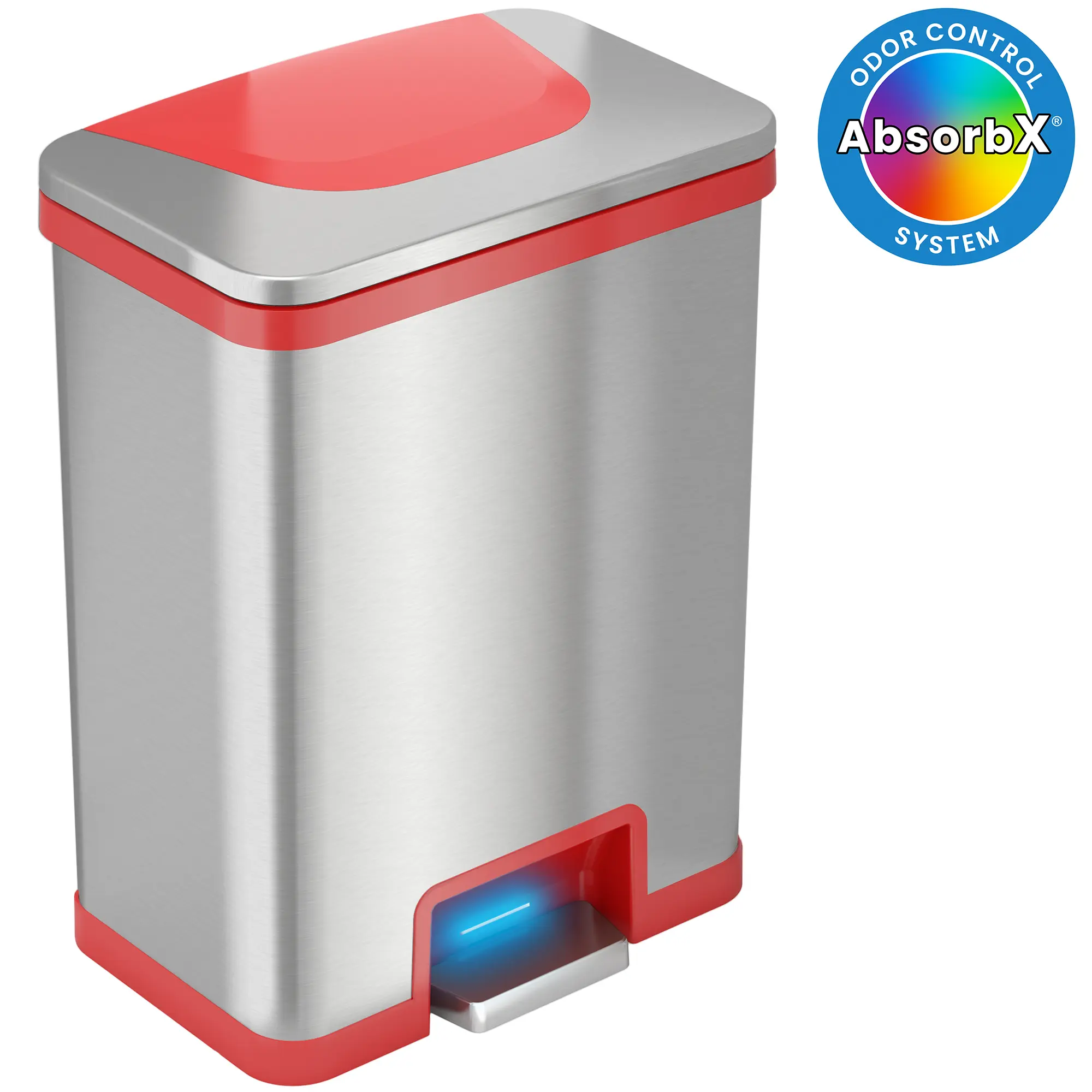 13 Gallon AutoStep Stainless Steel Pedal Sensor Kitchen Trash Can (Red Trim) With Odor Filter