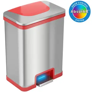 13 Gallon AutoStep Stainless Steel Pedal Sensor Kitchen Trash Can (Red Trim) With Odor Filter