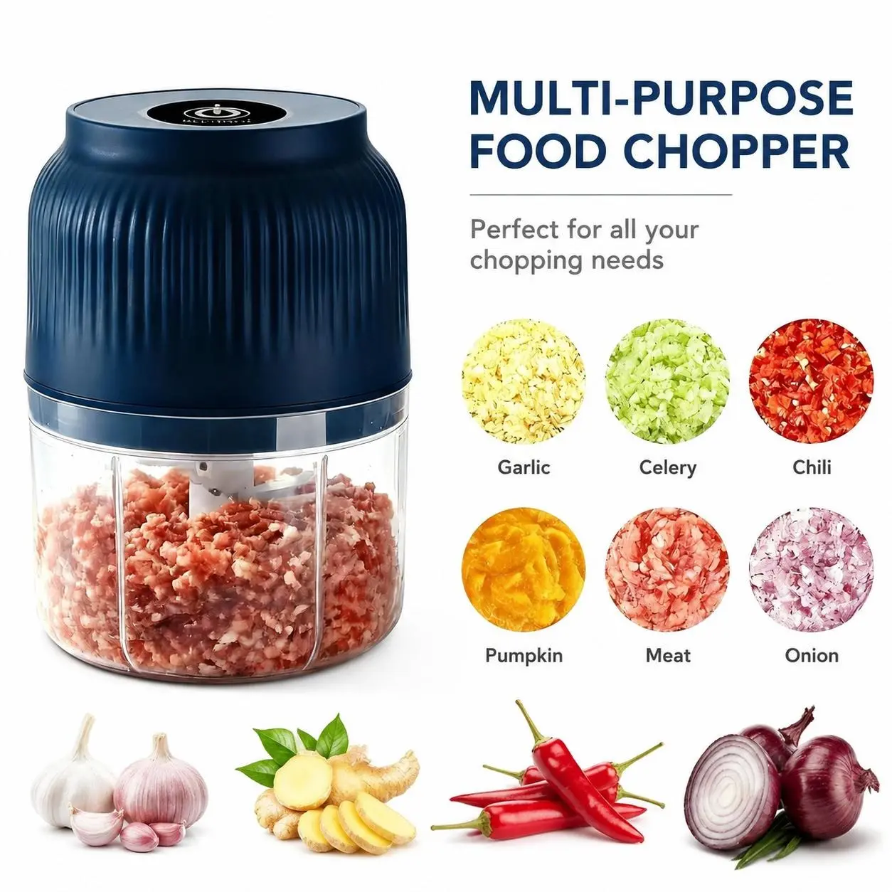 Compact Multifunctional Food Chopper - Electric Meat Shredder Tool, Meat Mincer, Garlic Puree Maker, Cheese Grater, Portable Kitchen Gadget for Minced Ingredients, Food Processors