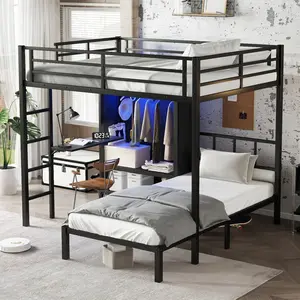 Full XL Over Twin Metal Bunk Bed with Folding Desk, Closet with LED ,Space-Saving/Noise Reduced