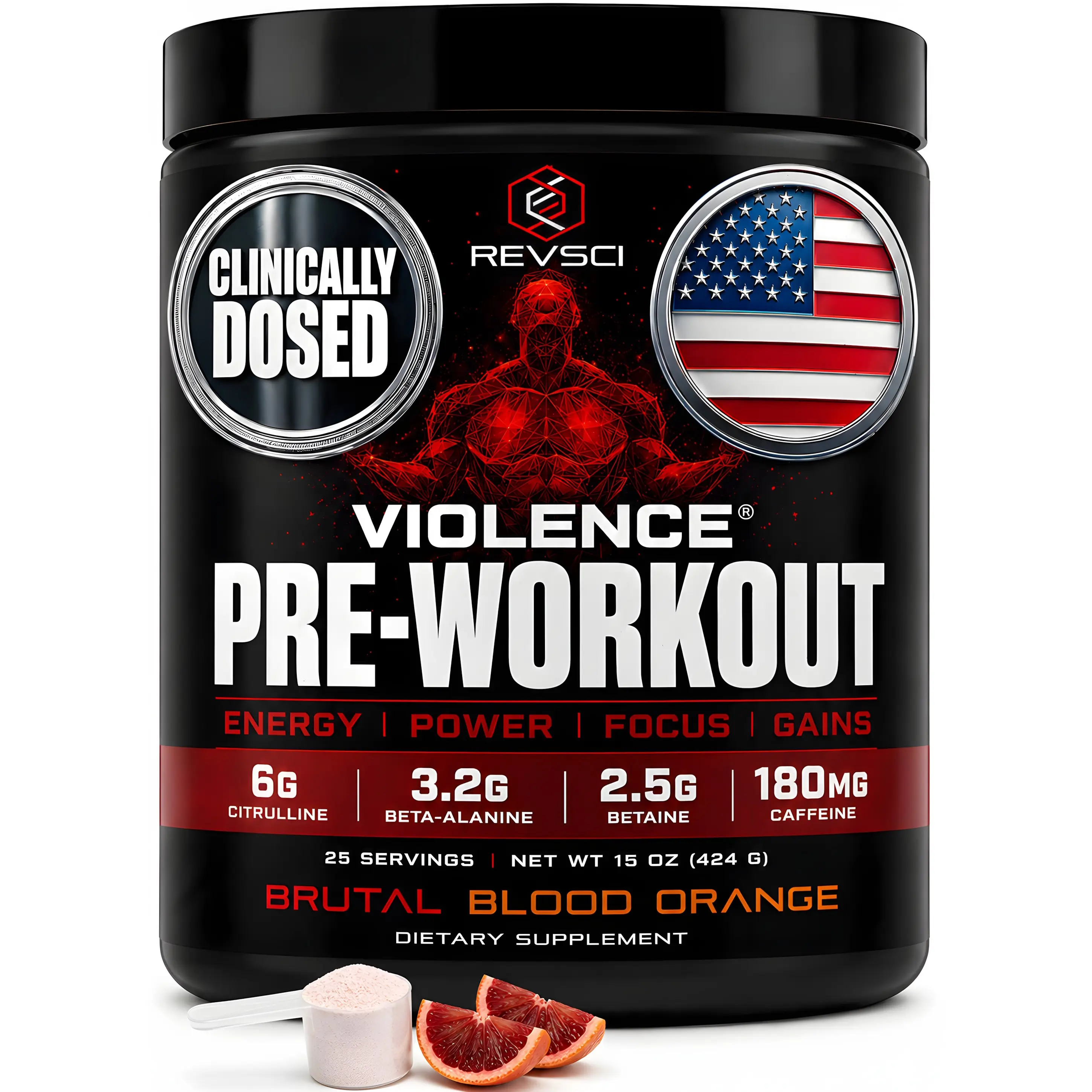 REVSCI VIOLENCE Pre Workout Powder for Men & Women 180mg Caffeine L Citrulline Beta Alanine 25 Servings Fitness Boost Energy Power Focus Gains Supplement Clinically Dosed US Edible Healthcare Dietary