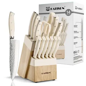 14-Piece Cream Kitchen Knife Set with Wooden Block, High Carbon German Stainless Steel Hammered Blade, Self Sharpening Design, Dishwasher Safe