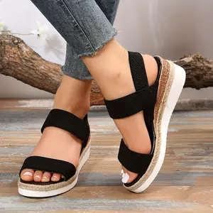[Wedge Platform Espadrilles Sandals] Women's Platform Espadrilles Wedge Sandals, Comfy Knit Open Toe On Slingback Shoes, Casual Sandals Solid Color Women's Flower Flip Flops Flat Sandals with Healing Properties Women's N-Shape Sandals