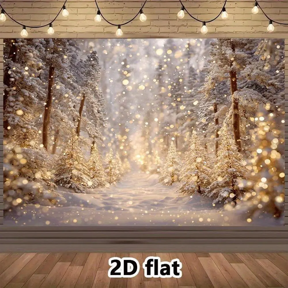 1pc Soft Durable Polyester 2D Flat Winter Wonderland Photo Backdrop - Glam Prints, Snow-Covered Trees, Golden Bokeh Glitter Lights, No Electricity Needed, Christmas Holiday Indoor White Banner for Indoors Use