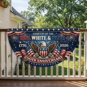 Courtesy Of Red White And Blue Semicircular Flag, 250th Anniversary USA Fan Flag, Semiquincentennial Patriotic Gifts, Liberty Bell Vintage Decor, July 4th Independence Day 2026 Banner