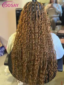 32 Inches Blonde Bohemian Box Braided Wig 360 Full Lace Synthetic Curly Hair Ends Red Burgundy Blonde Adjustable Cap With Straps Combs & Elastic Band