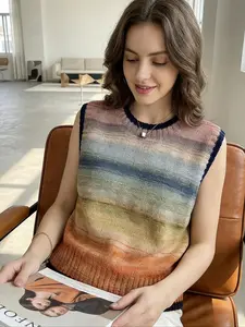 Women's Vintage Sunset Gradient Knit Vest, Sleeveless Round Neck Soft Breathable Top, Casual Summer Office Wear