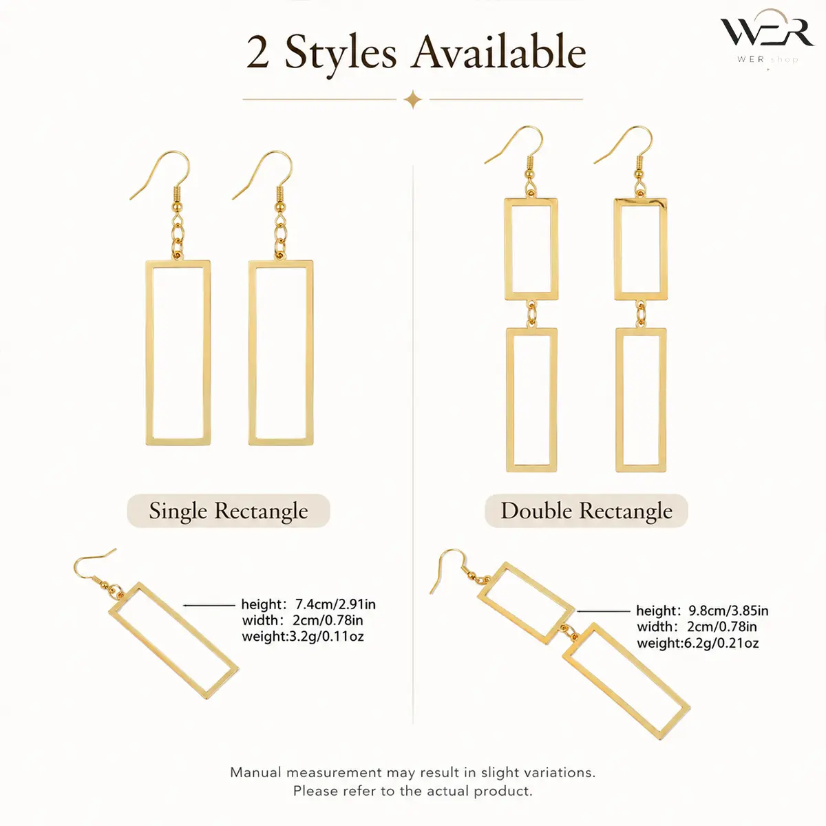 Women's Gold Rectangle Hoops - Minimalist Geometric Elegant Costume Earrings, Lightweight Comfortable Daily Accessory, 1/2-Piece Style A Gold Statement Earrings, Contemporary Fashion Jewelry, Single/Double, Contemporary Earrings