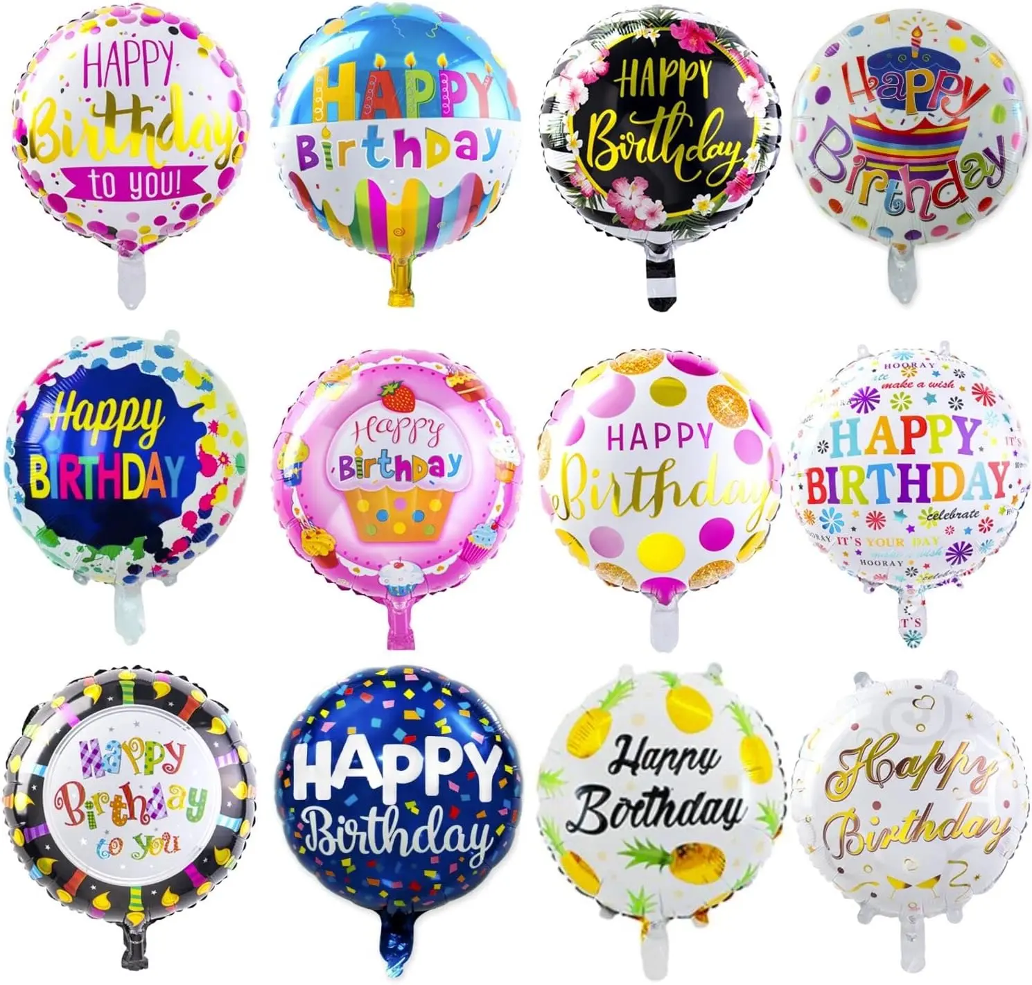 Happy Birthday Aluminum Foil Balloons 50-Piece Set 18 Inches Round Multicolored Mylar Balloon Party Decorations Supplies Helium Floating Lightweight