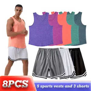 Men's 8-Piece Workout Bundle (5 Vests + 3 Shorts)great value for your active wardrobe, perfect for running, gym, basketball, and casual wear，Fabric is skin friendly and breathable