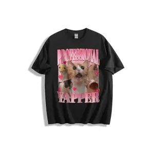 Professional Yapper Graphic Design T-Shirt - Cute Cats & Dogs with Open-Mouthed Expressions, Pink Hearts, Glossy 3D Text, Dark Background, Playful Vibrant Aesthetic - Casual Crew Neck Cotton