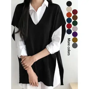 Plus Size Solid Color Cardigan Vest, Spring and Autumn Casual V-Neck Knitted Top, Women’s Daily Wear GARMENTARY