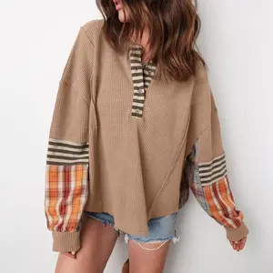 Women's Fall Outfits Long Sleeve Plaid Stripe Shirts Top Waffle Patchwork Henley Knit Pullover Blouse Casual Tops