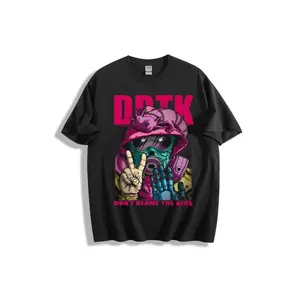 DRTK Don't Blame The Kids Graphic T-Shirt - Pink Dragon Hoodie Character with Gas Mask & Robotic Hand, Yellow Pocket Arm, Casual Crew Neck Cotton Tee for Teens & Adults,