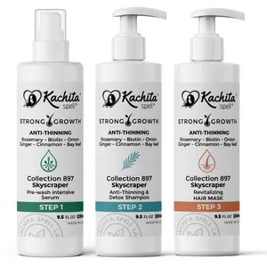 Strong Growth Collection Kit Kachita Spell Shampoo, Hair Mask & Serum with Biotin, Onion, Rosemary, Ginger, Cinnamon & Bay Leaf Hair Care System for Soft, Shiny Hair For Men & Women