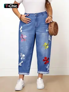 Women's Plus Size Denim Jeans with Floral Embroidery Design, Loose Fit Retro Style Casual Fashion Pants for All Seasons Daily Wear