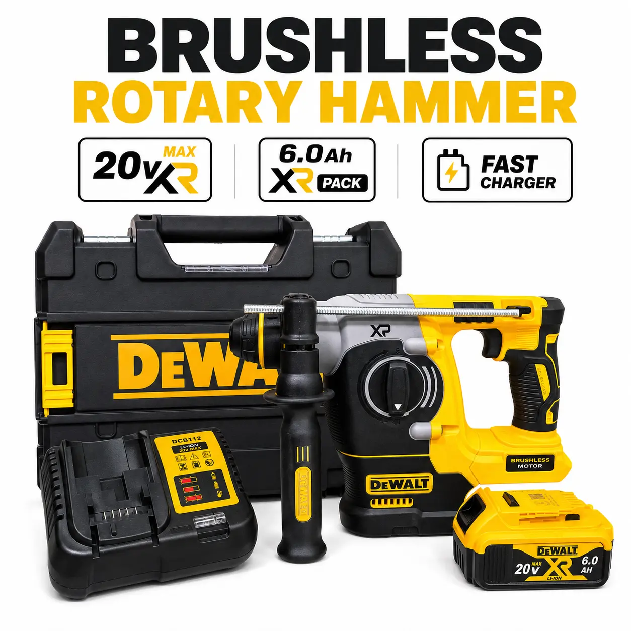DEWALT DCH273 MAX XR Brushless Rotary Hammer, Complete Power Tool Kit for Heavy-Duty Drilling & Chiseling