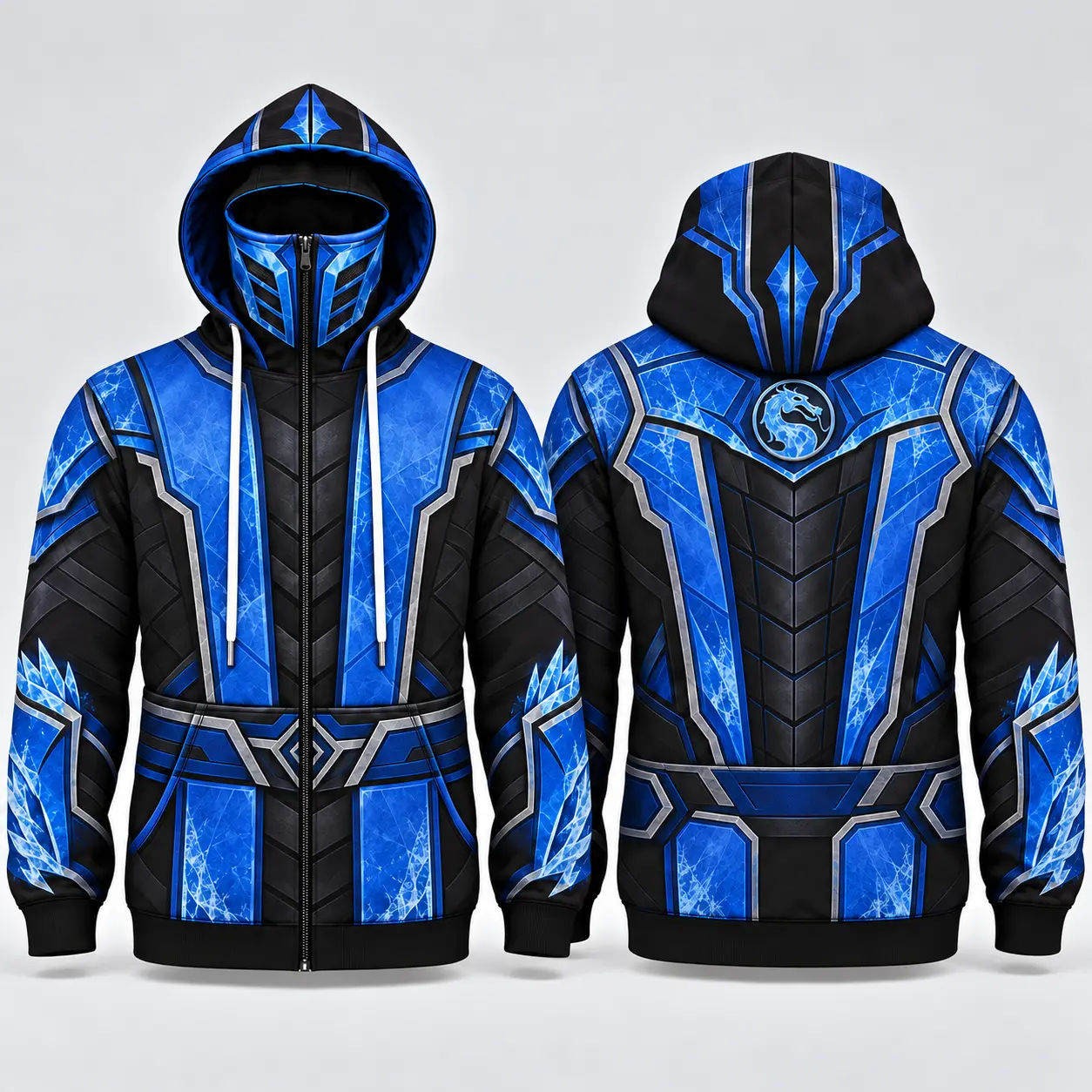 M0rt@l K0mb@t Sub-Zero Men’s Zip-Up Hoodie, Blue Black Ninja Armor All-Over Print Hooded Sweatshirt, Cosplay Gamer Gift