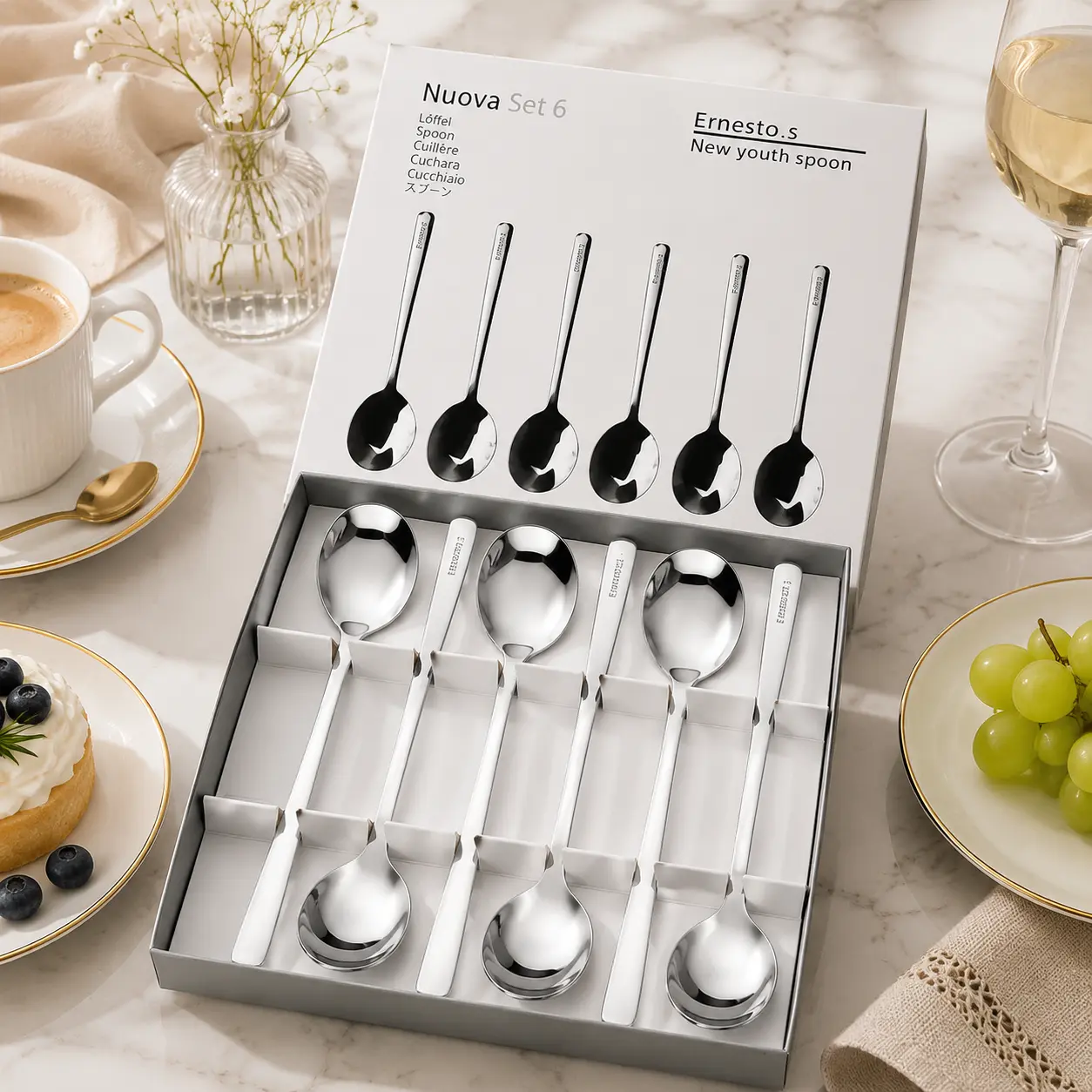 6 Pack Stainless Steel Spoon Set with Gift Box, Mirror Polished Coffee Dessert Spoons, Premium Silverware for Kitchen Dining