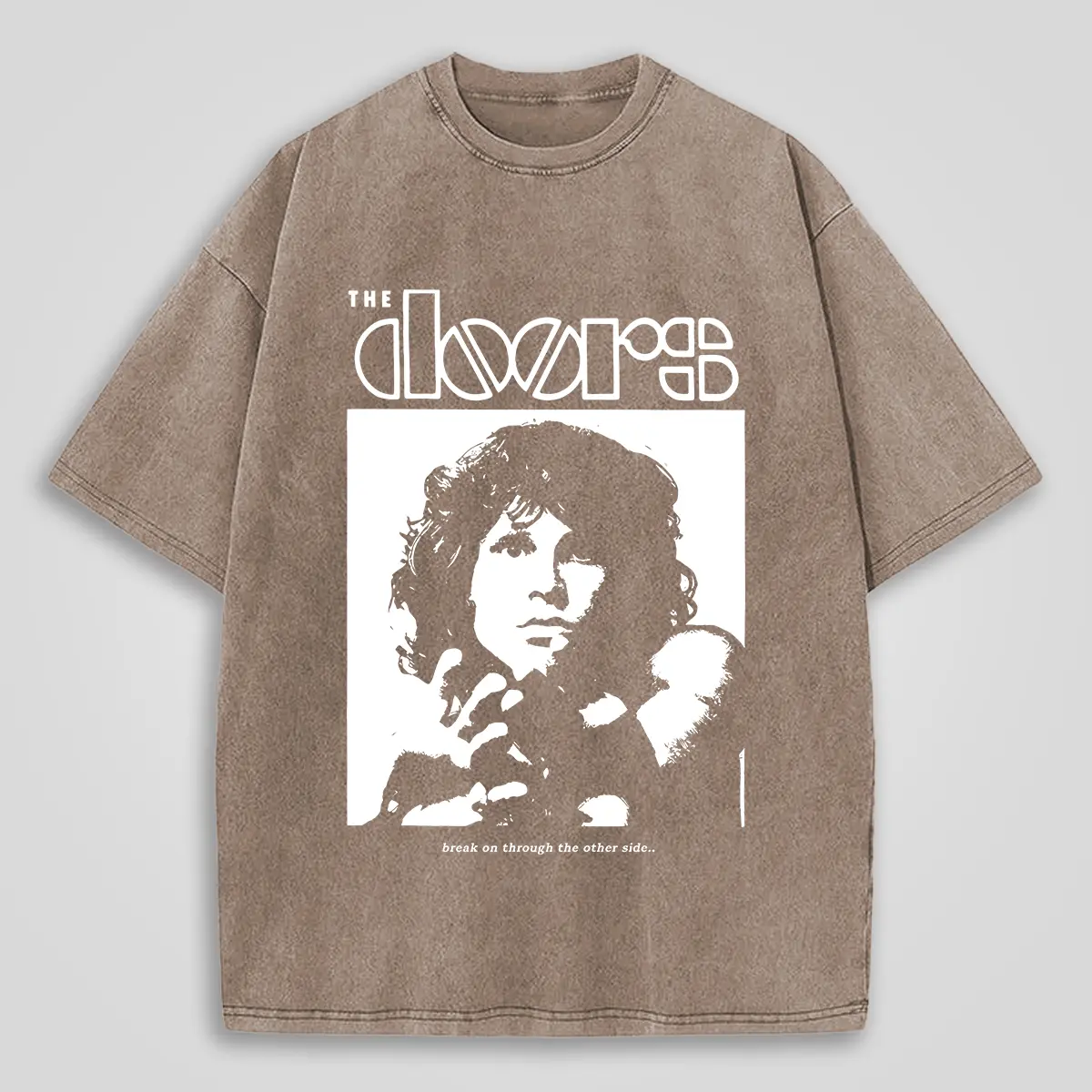 Menswear Vintage Washed "The Doors" Graphic Rock Band Short-Sleeve T-Shirt, 230gsm Heavyweight High-Quality Cotton, Baggy Wide-Shoulder Drop-Shoulder Fit, Casual Tops for Men (Pair with Jeans)