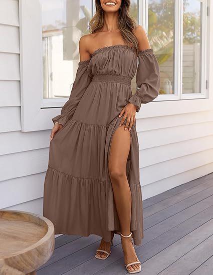 Women's Off The Shoulder Maxi Dress Puff Long Sleeve Ruffle High Slit Boho Flowy Tiered Long Dresses for Summer Party Beach Women's Off The Shoulder Maxi Dress Puff Long Sleeve Ruffle High Slit Boho Flowy Tiered Long Dresses for Summer Party Beach