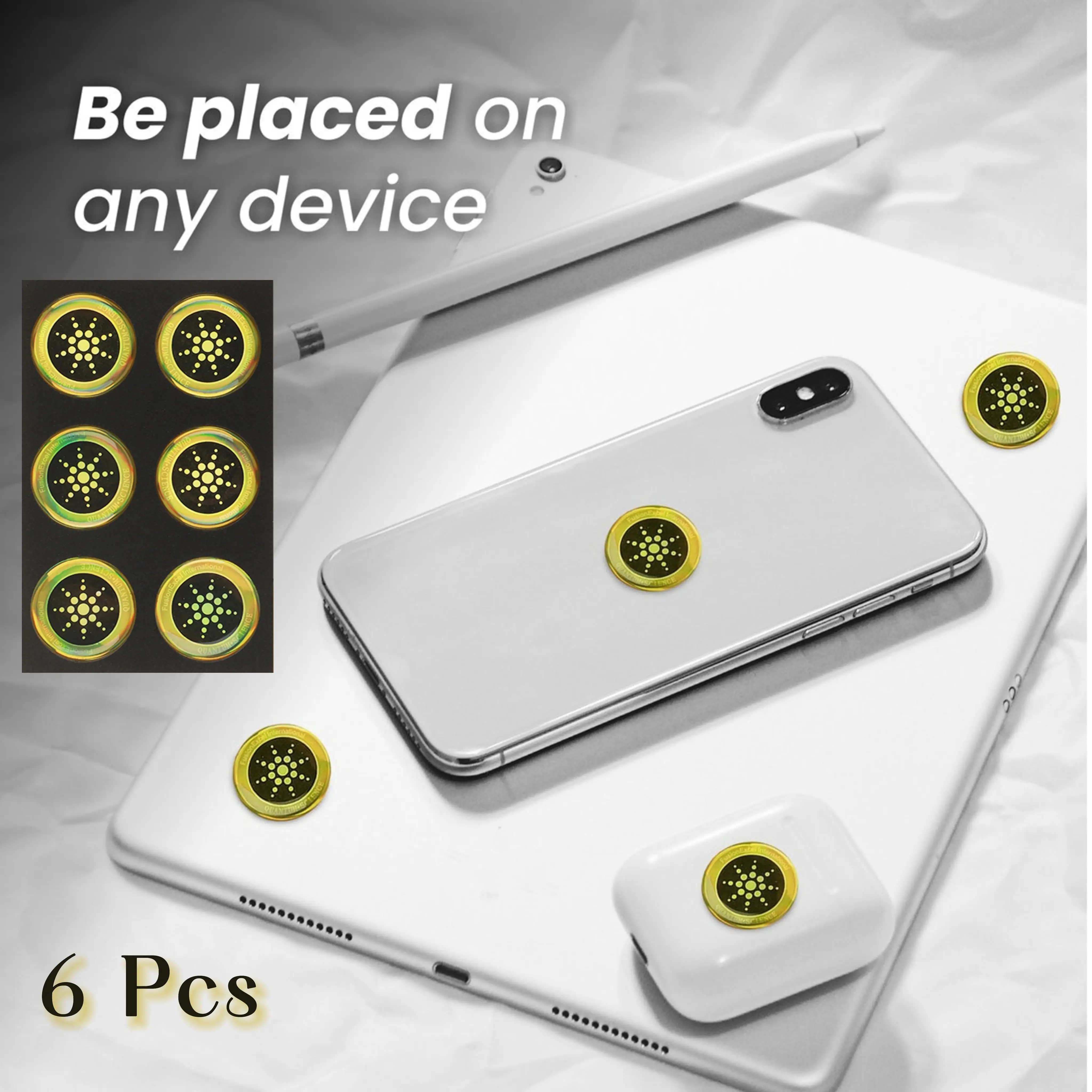 Quantum Shield EMF Reducing Decorative Stickers 6pcs Gold Silver Finish for Phones Laptops Airpods Shockproof Screen Protector Casing