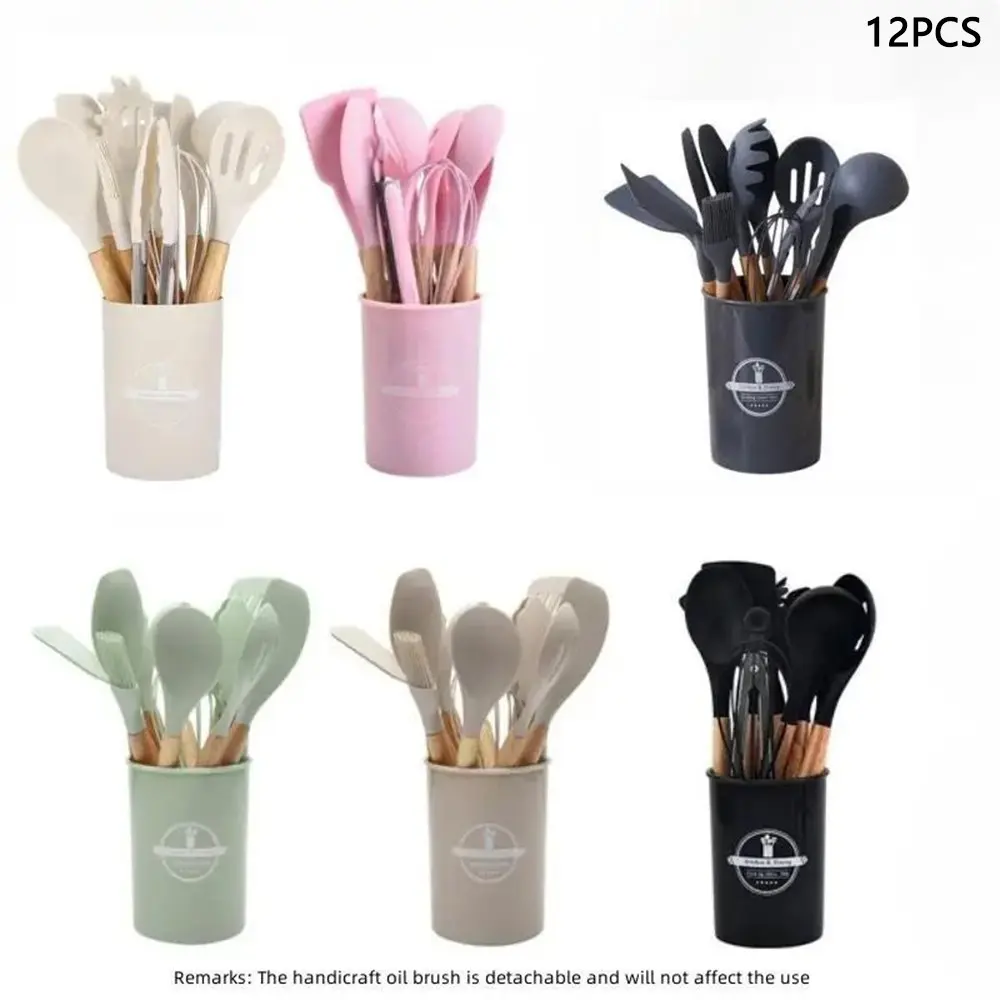Silicone Kitchen Utensils Set, 12-Piece Cooking Tools Kit Including Spatula, Spoon, Tweezers, Whisk, Brush, Storage Basket Included, Wooden Spoon Set, Home and Kitchen, Cooking Accessories